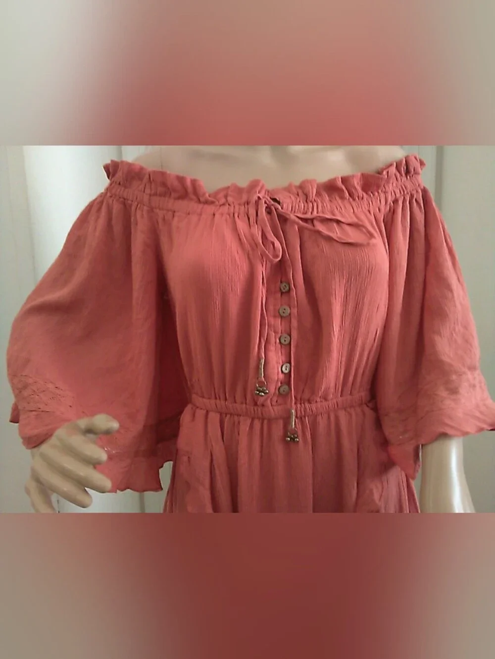 NWT FREE PEOPLE Boho Off-Shoulder Ruffle Maxi Dress Coral SZ. SM